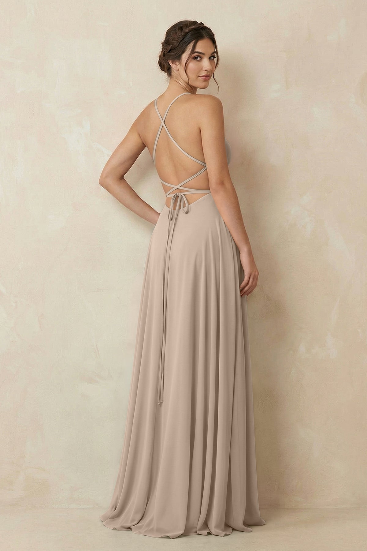 A-Line Chiffon Bridesmaid Dress With Slit in Almond
