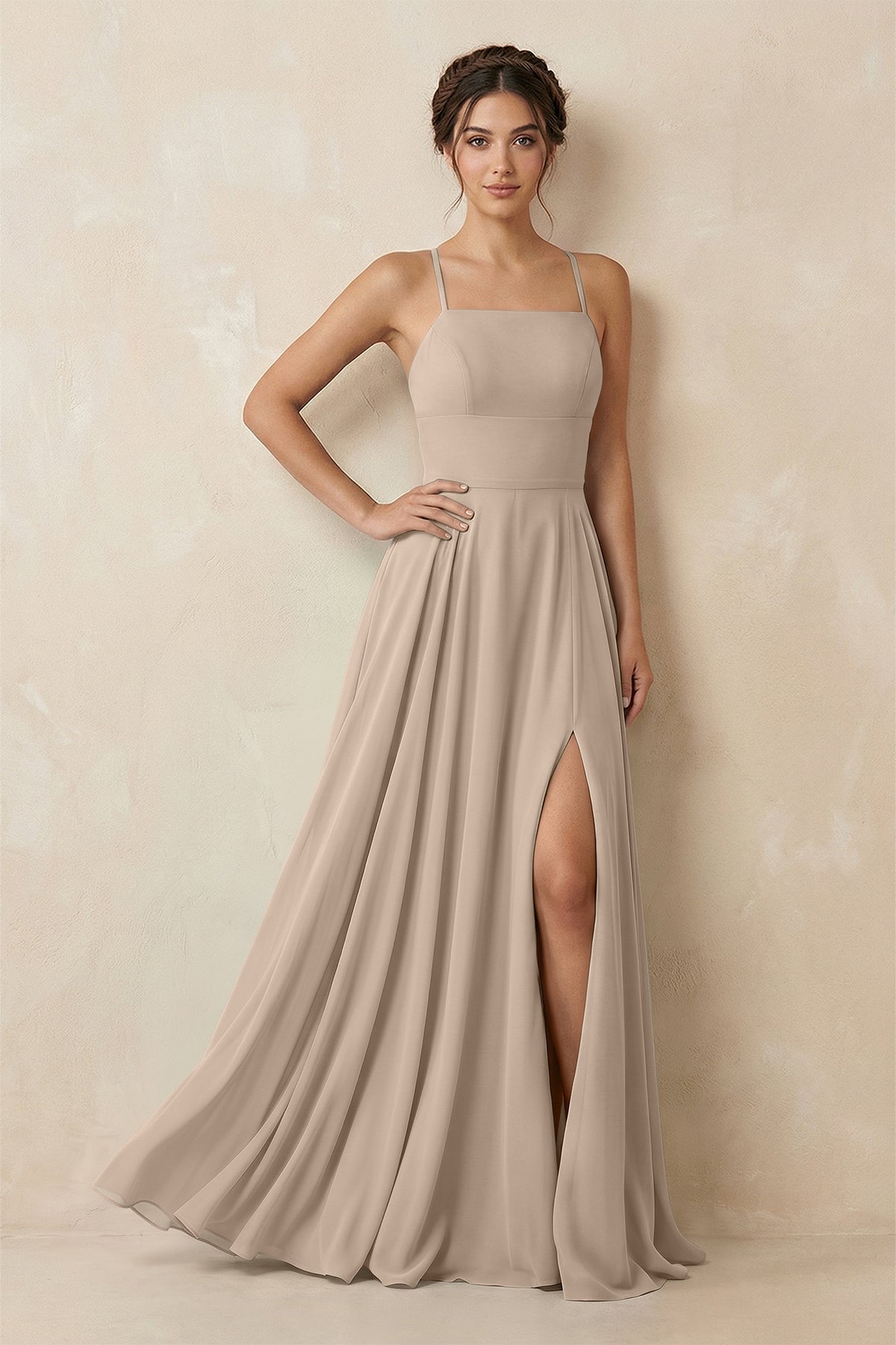 A-Line Chiffon Bridesmaid Dress With Slit in Almond