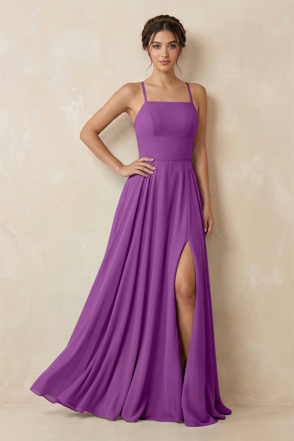A-Line Chiffon Bridesmaid Dress With Slit in Amethyst