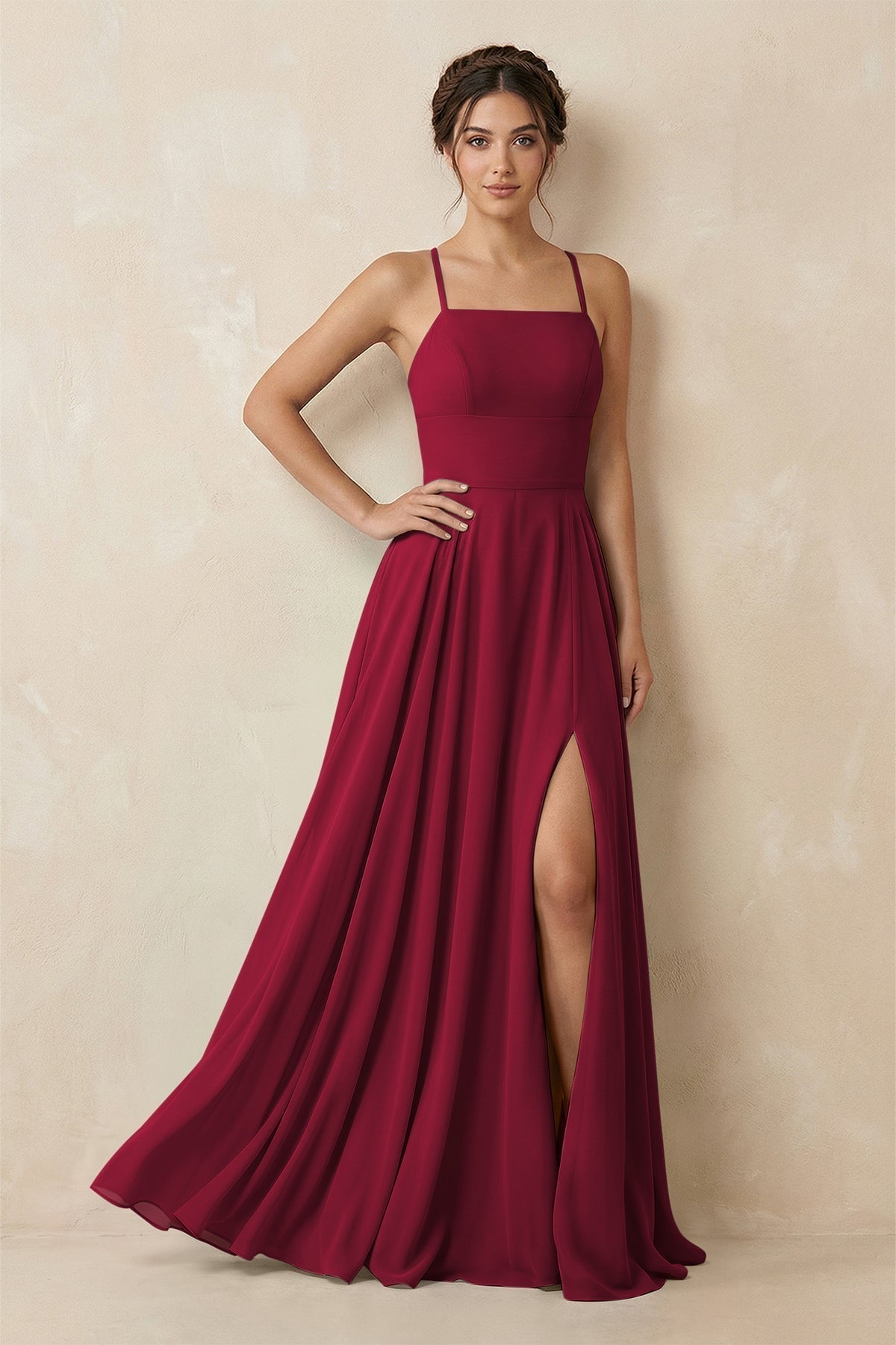 A-Line Chiffon Bridesmaid Dress With Slit in Berry