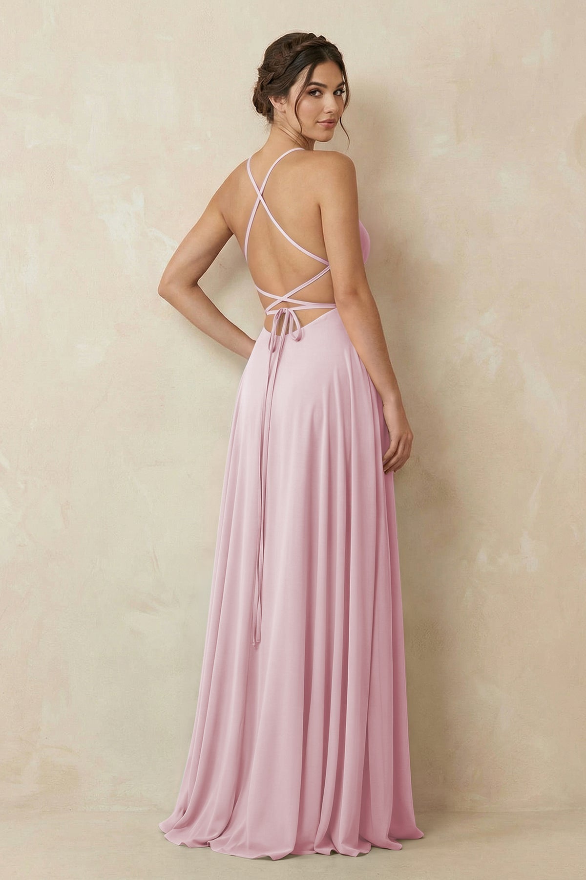 A-Line Chiffon Bridesmaid Dress With Slit in Candy Pink