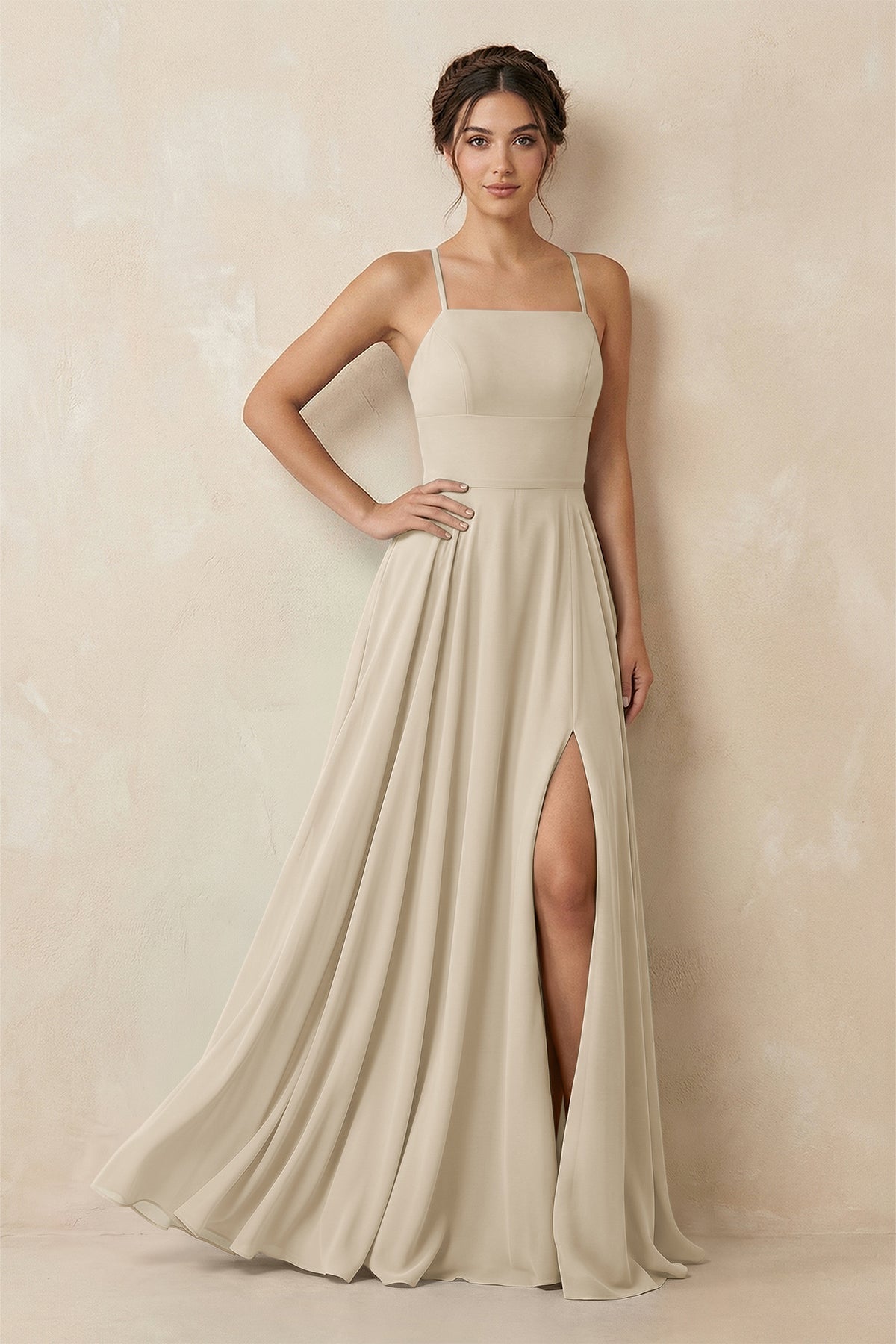 A-Line Chiffon Bridesmaid Dress With Slit in Champagne
