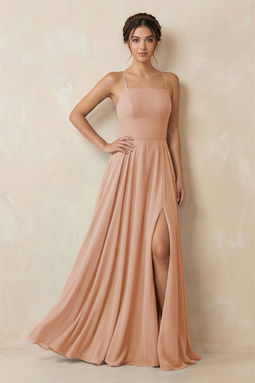 A-Line Chiffon Bridesmaid Dress With Slit in Champagne Rose