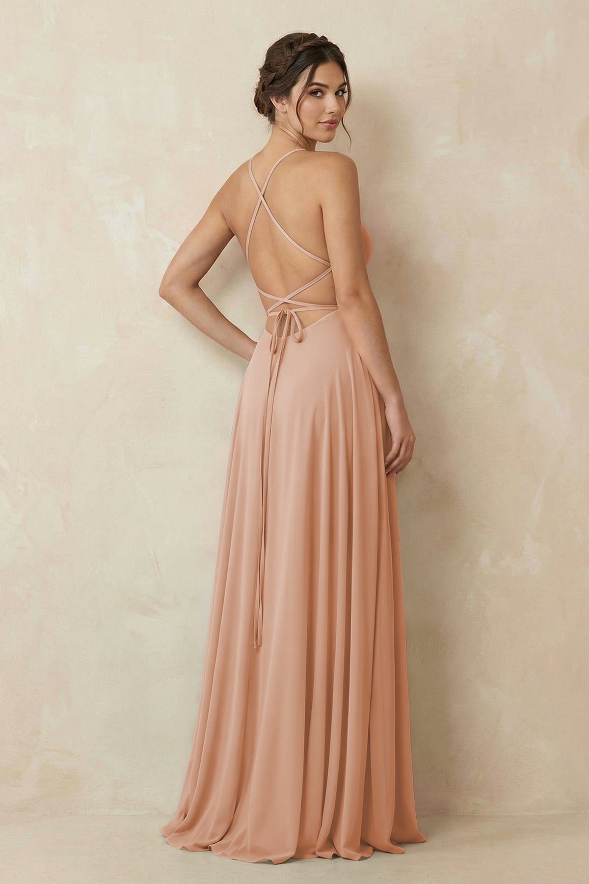 A-Line Chiffon Bridesmaid Dress With Slit in Champagne Rose