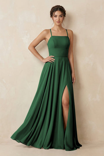 A-Line Chiffon Bridesmaid Dress With Slit in Dark Green