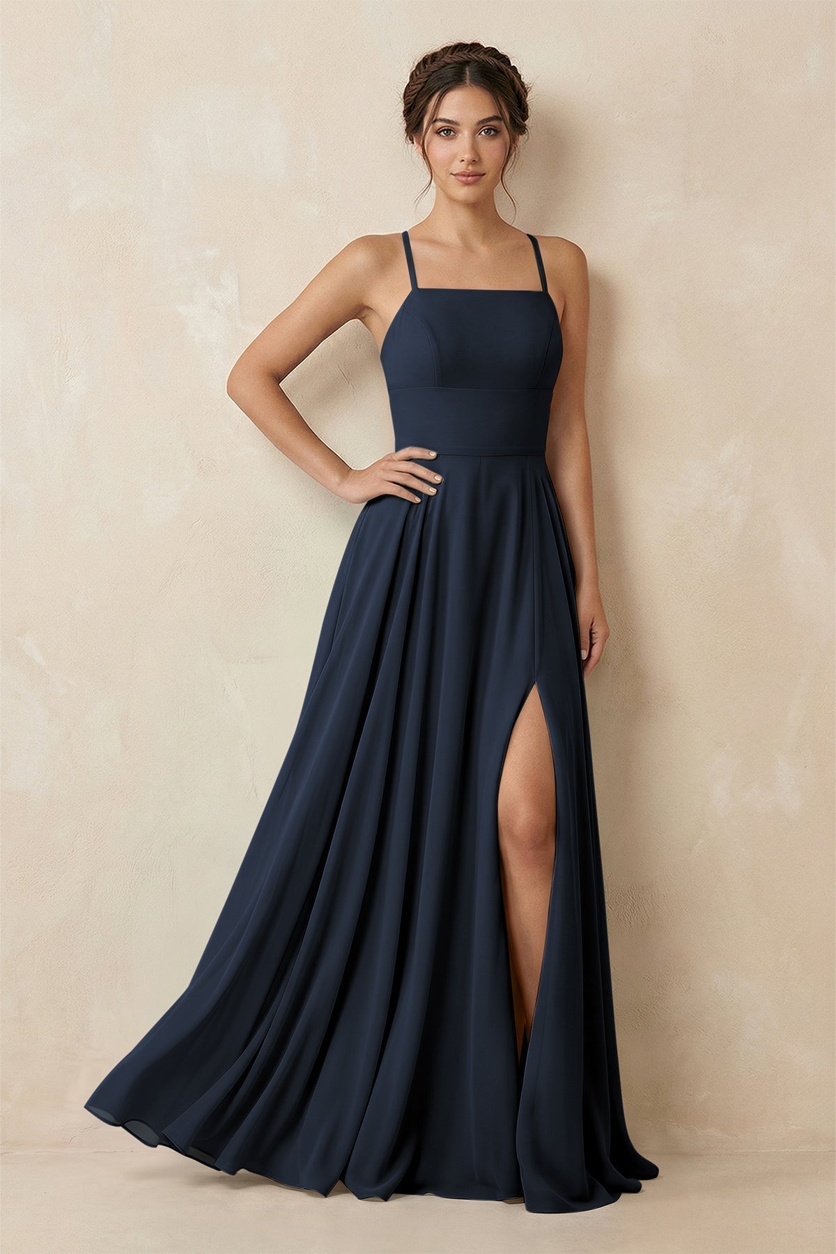 A-Line Chiffon Bridesmaid Dress With Slit in Dark Navy