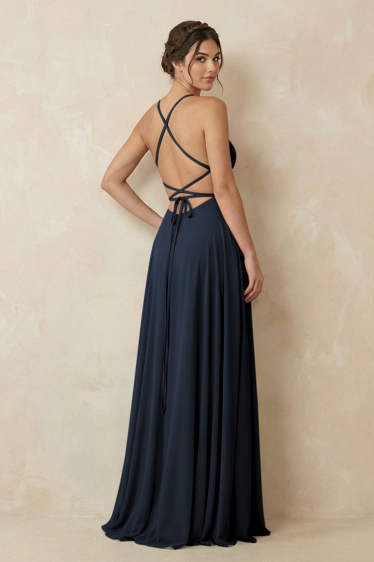 A-Line Chiffon Bridesmaid Dress With Slit in Dark Navy