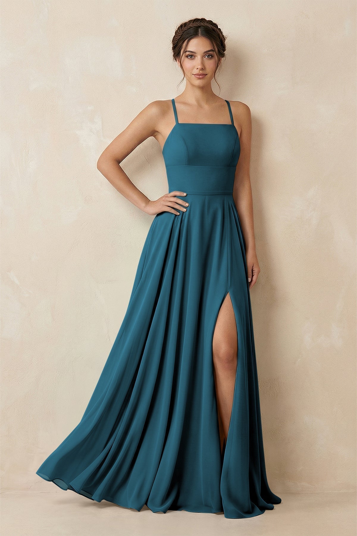 A-Line Chiffon Bridesmaid Dress With Slit in Dark Teal