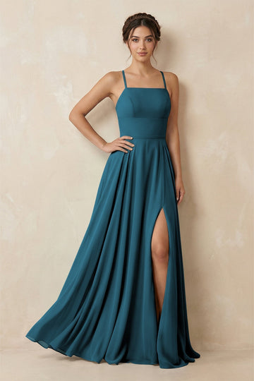 A-Line Chiffon Bridesmaid Dress With Slit in Dark Teal