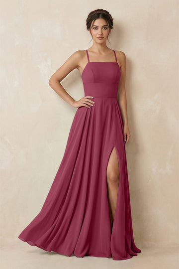 A-Line Chiffon Bridesmaid Dress With Slit in Desert Rose