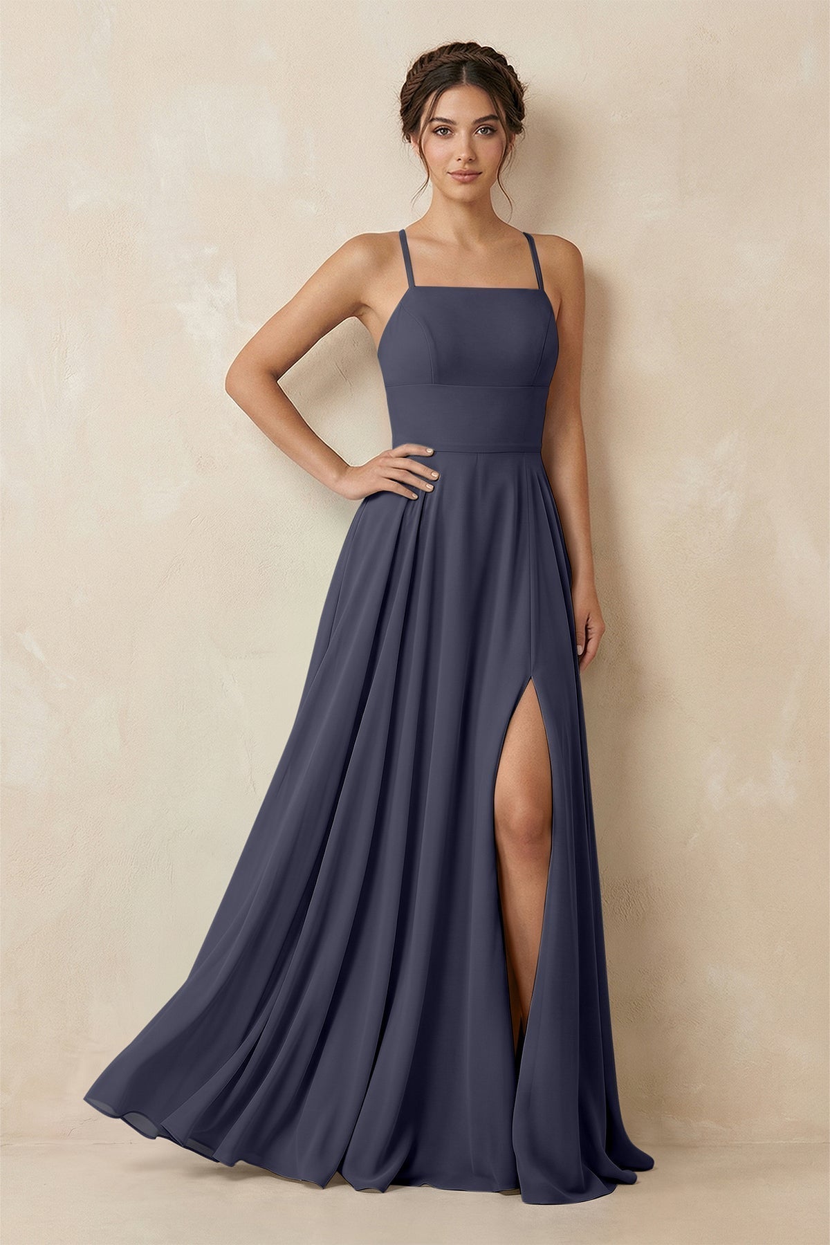 A-Line Chiffon Bridesmaid Dress With Slit in Dusk Blue
