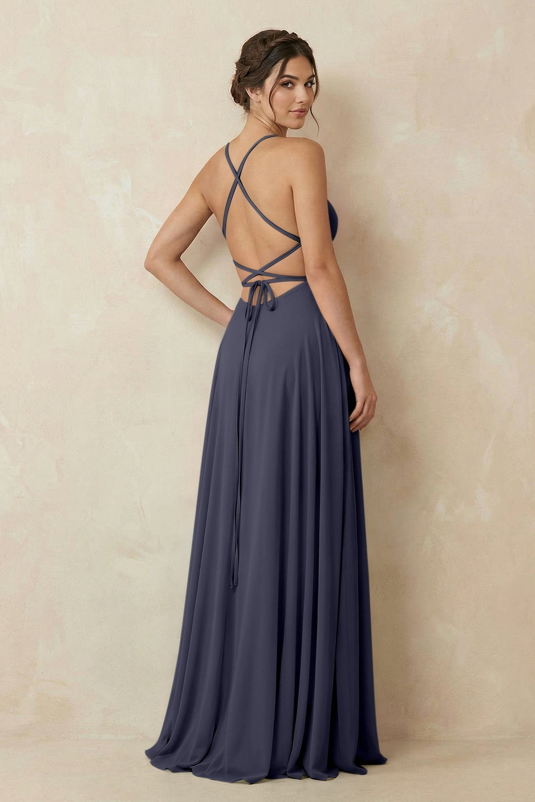 A-Line Chiffon Bridesmaid Dress With Slit in Dusk Blue