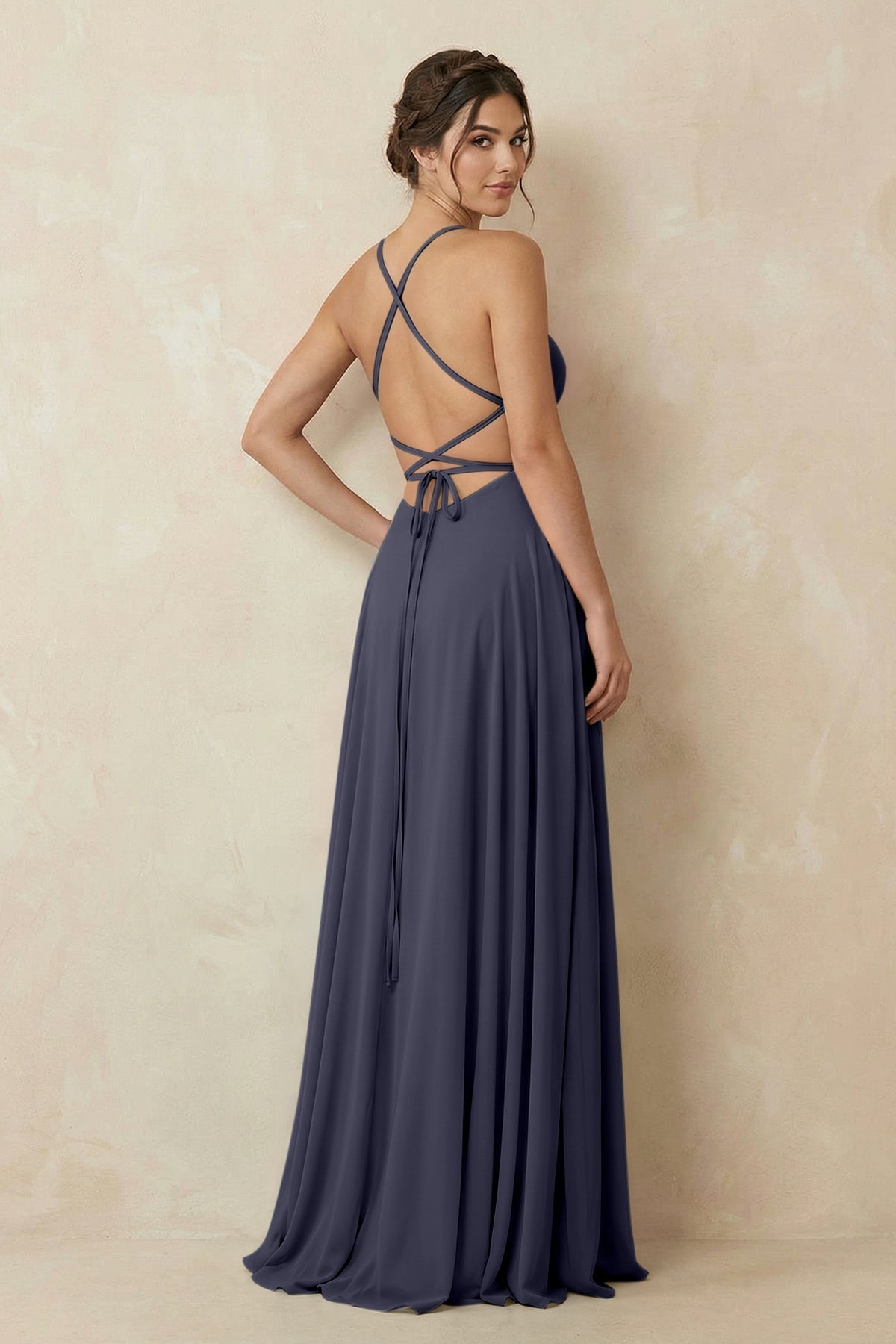 A-Line Chiffon Bridesmaid Dress With Slit in Dusk Blue