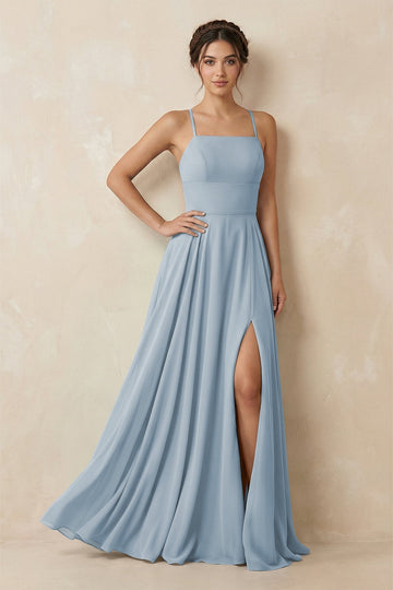 A-Line Chiffon Bridesmaid Dress With Slit in Dusty Blue