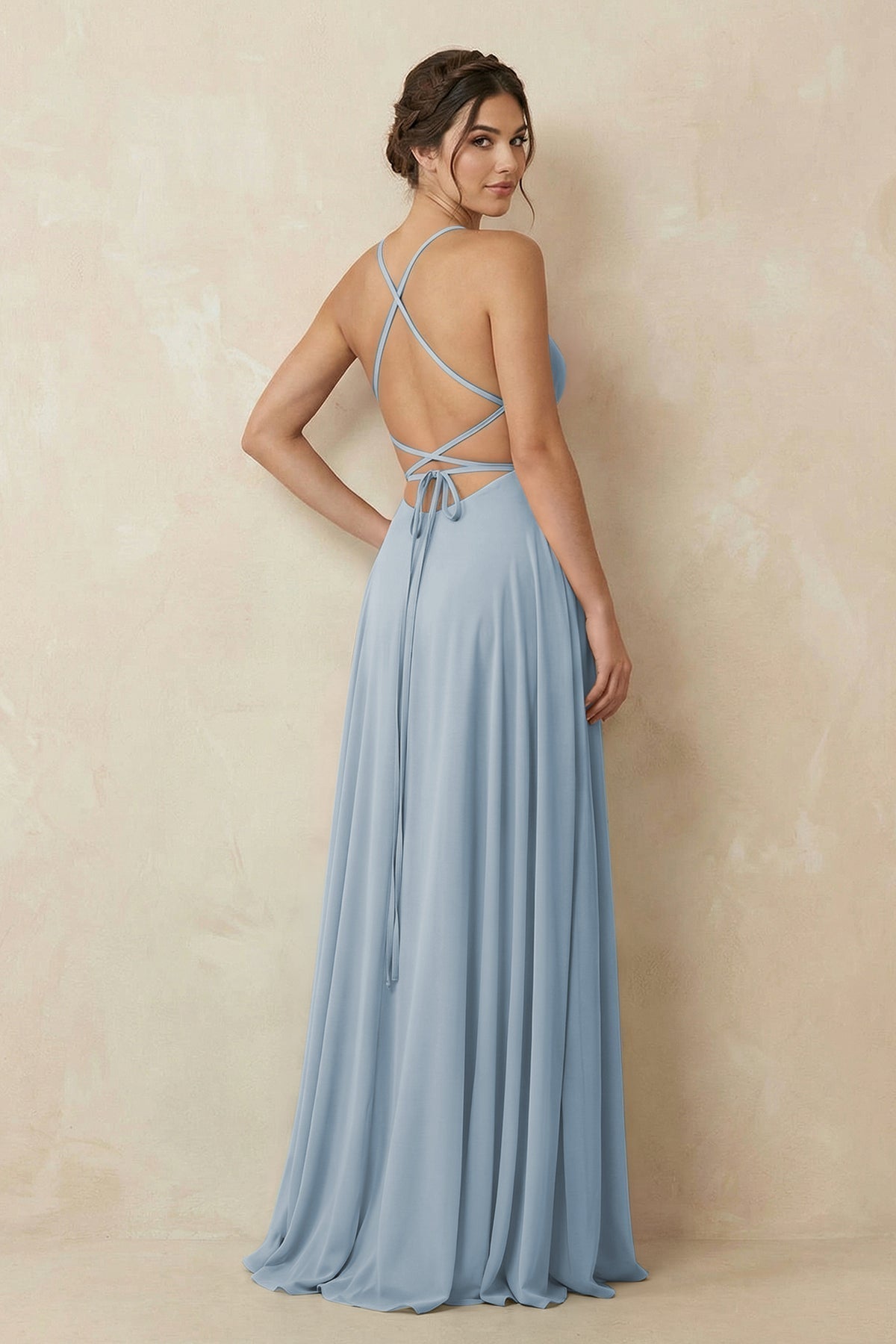 A-Line Chiffon Bridesmaid Dress With Slit in Dusty Blue
