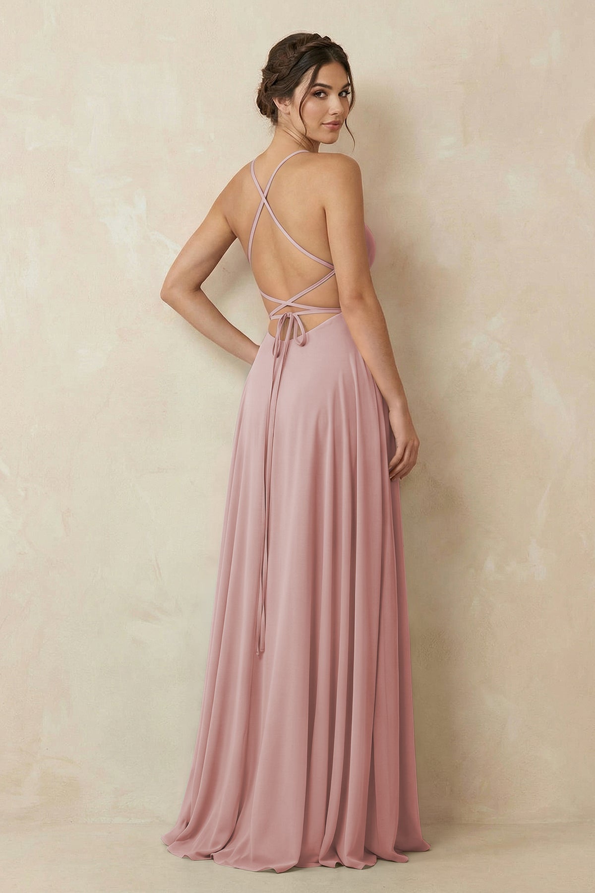 A-Line Chiffon Bridesmaid Dress With Slit in Dusty Rose