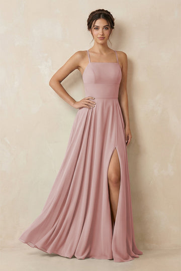 A-Line Chiffon Bridesmaid Dress With Slit in Dusty Rose