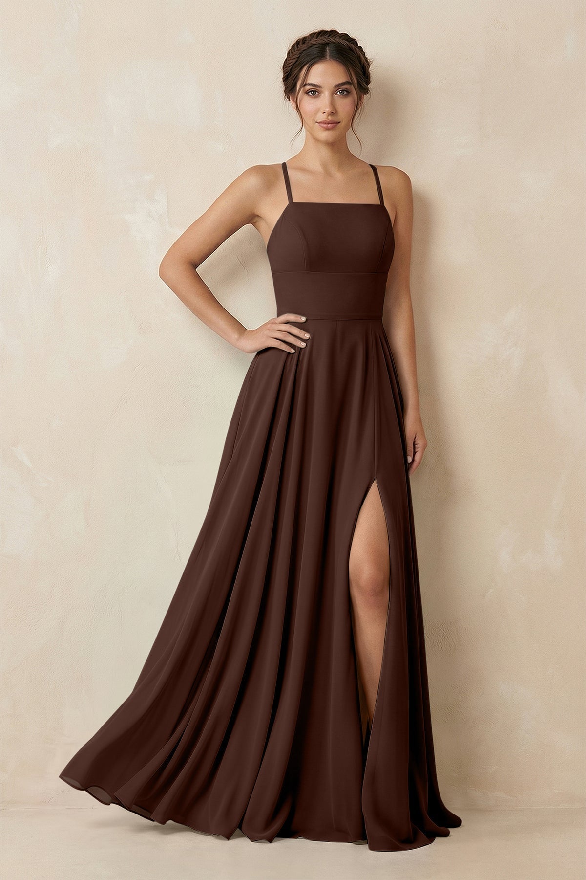 A-Line Chiffon Bridesmaid Dress With Slit in Espresso