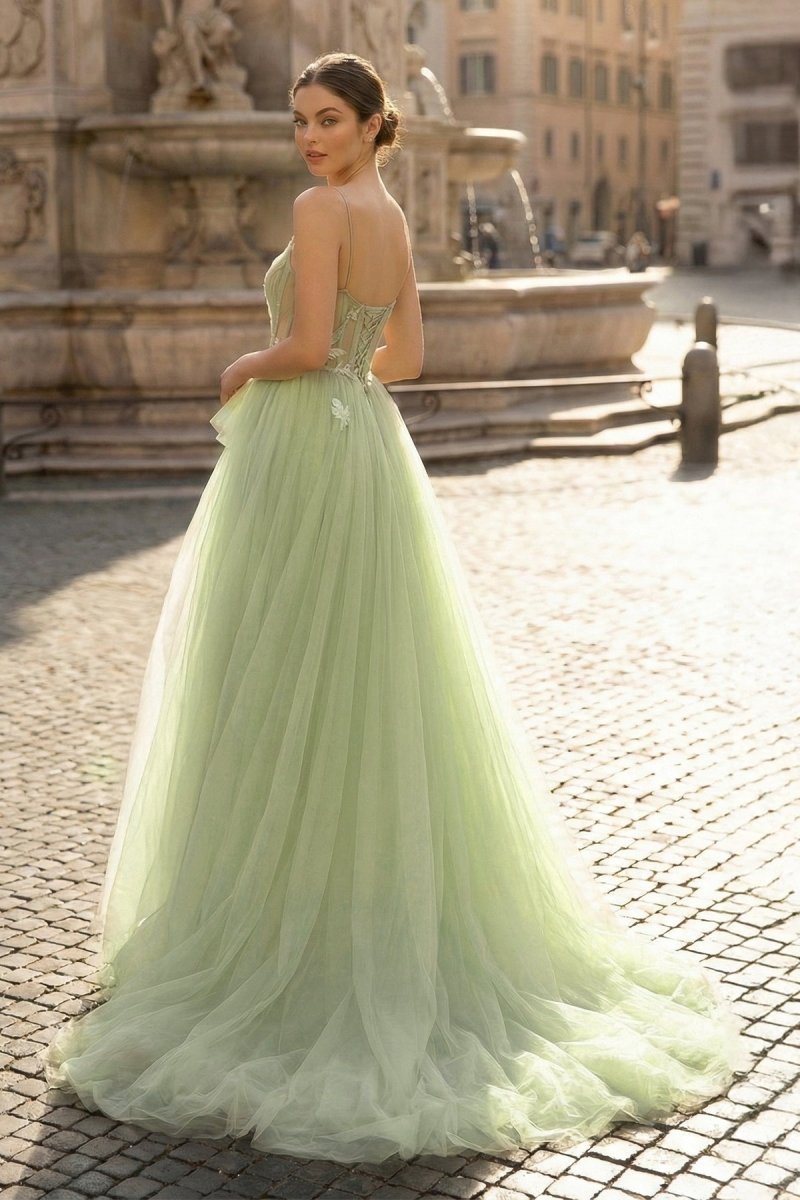 A Line Corset Back Sage Green Tulle Long Dresses