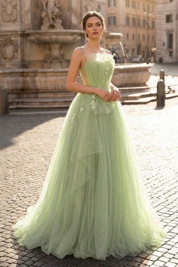 A Line Corset Back Sage Green Tulle Long Dresses