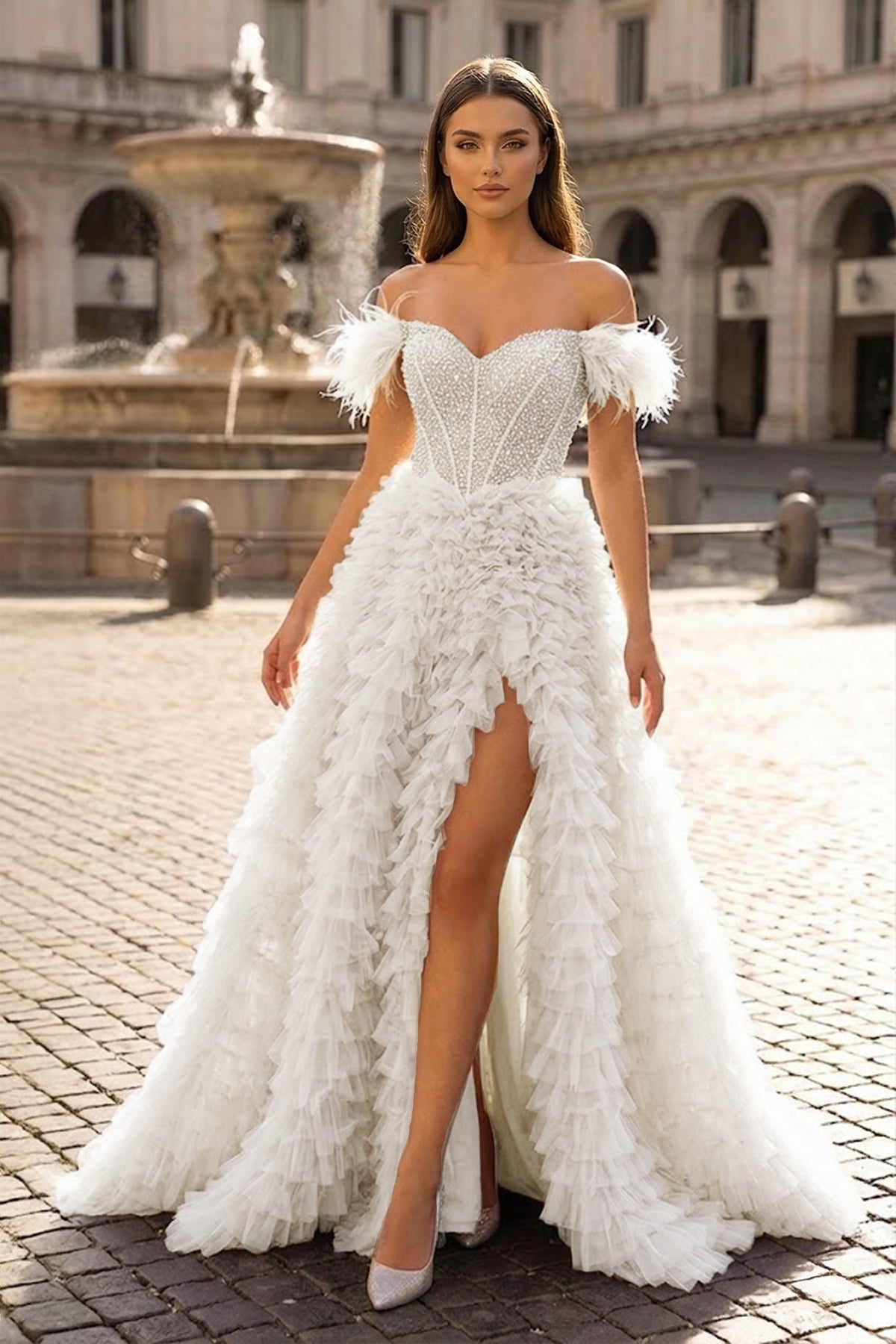 A Line Off the Shoulder Tiered Tulle Prom Dress With Slit