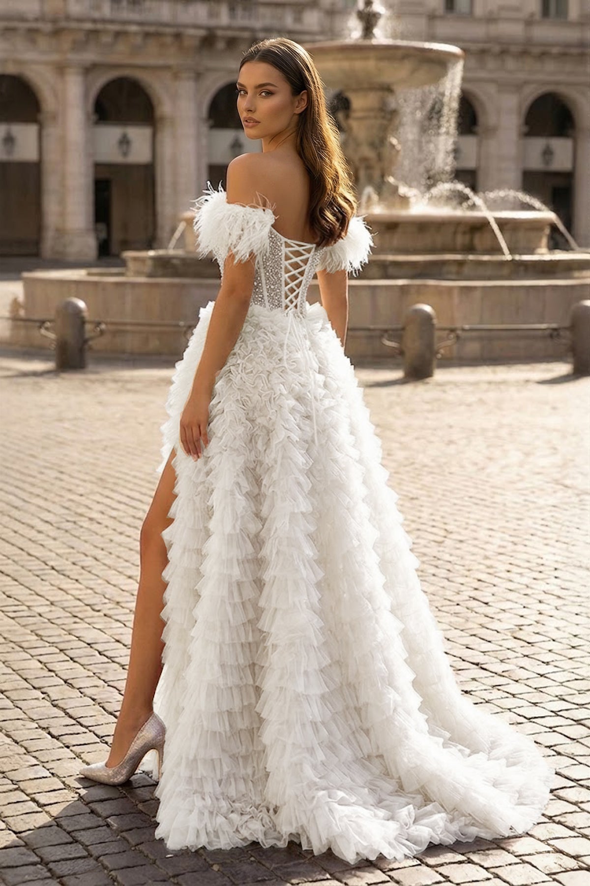 A Line Off the Shoulder Tiered Tulle Prom Dress With Slit