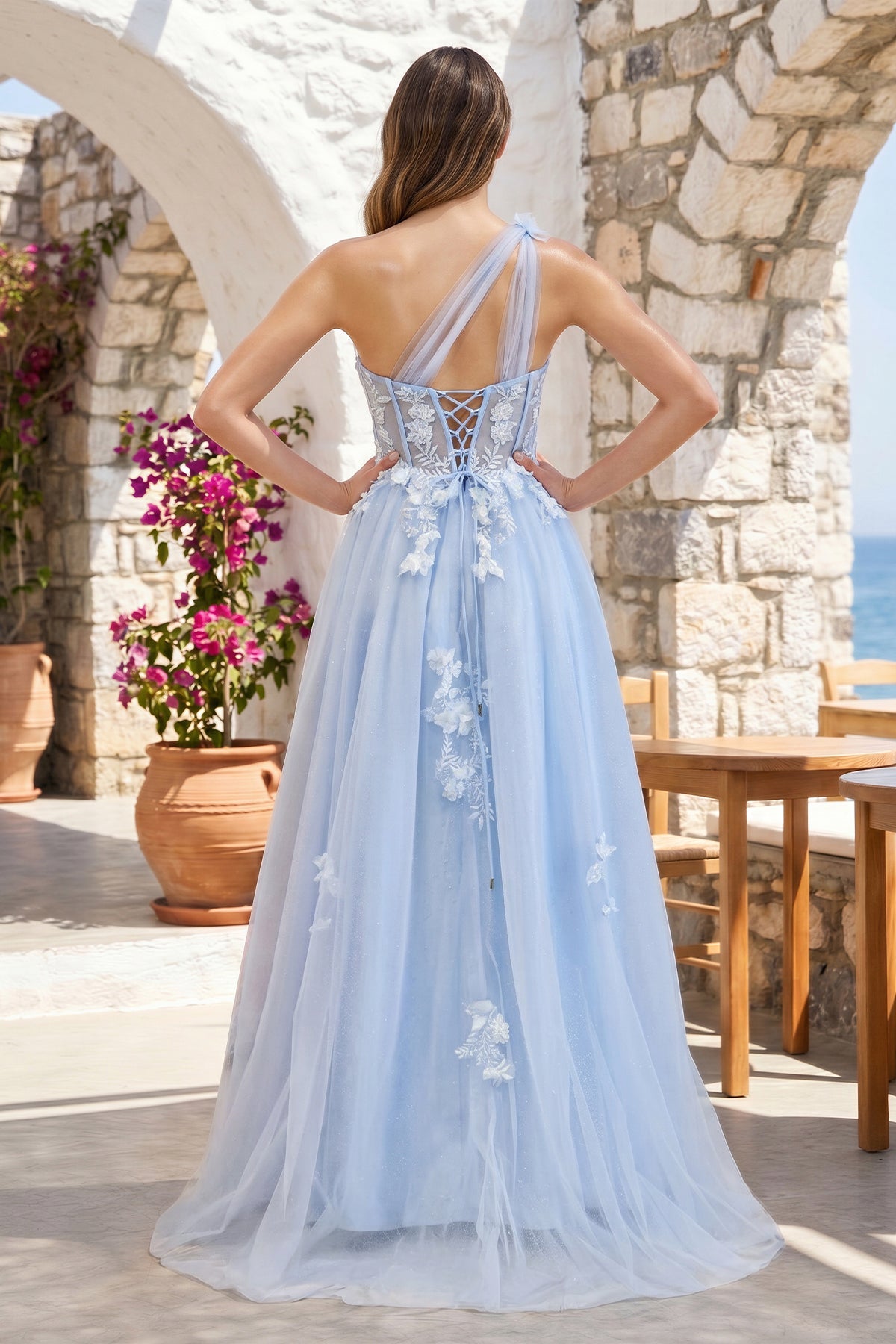 A Line One Shoulder Black Long Prom Dress with Appliques