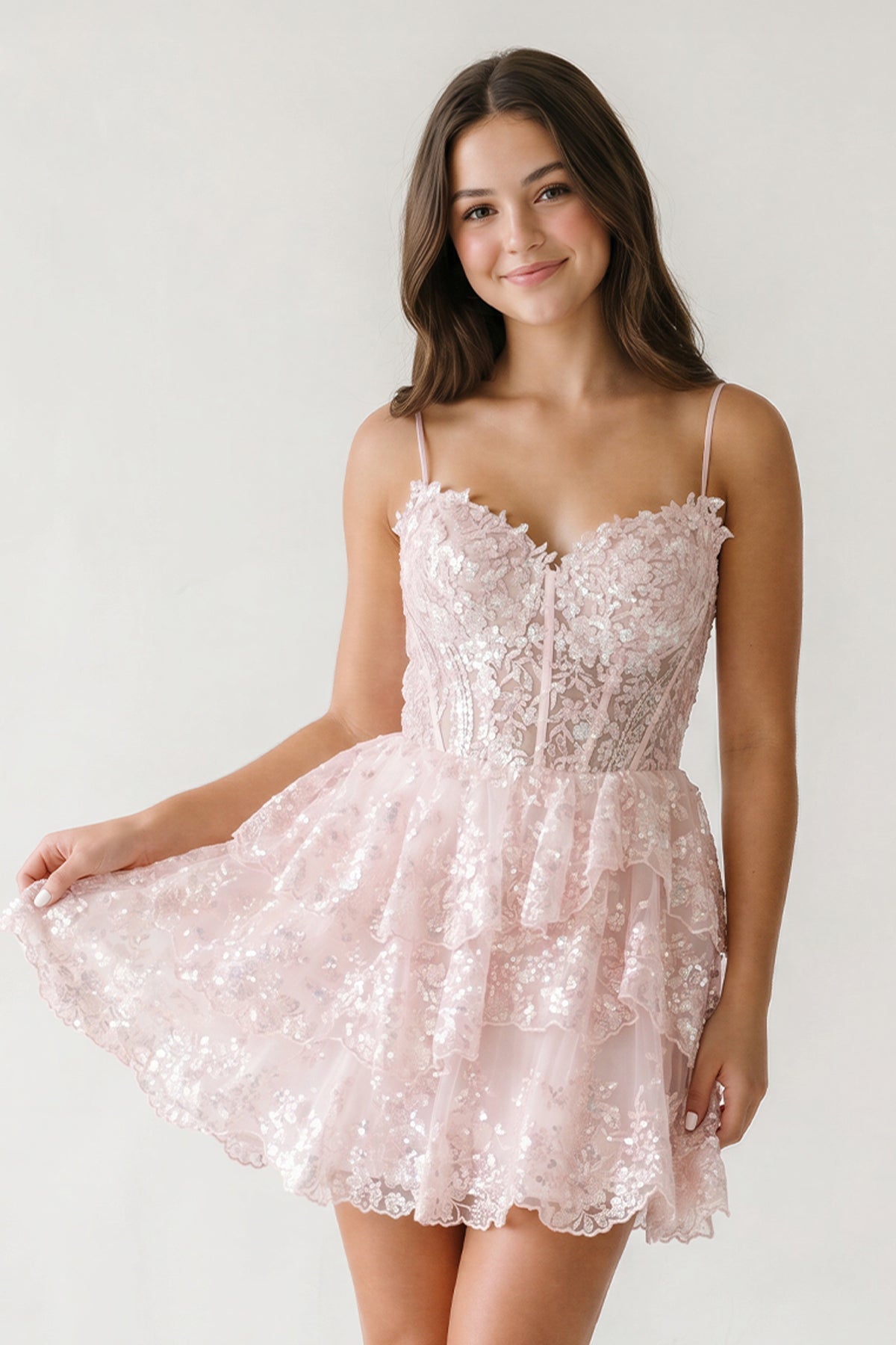 A- Line Sky Blue Sequins Multi-Layers Short Homecoming Dress