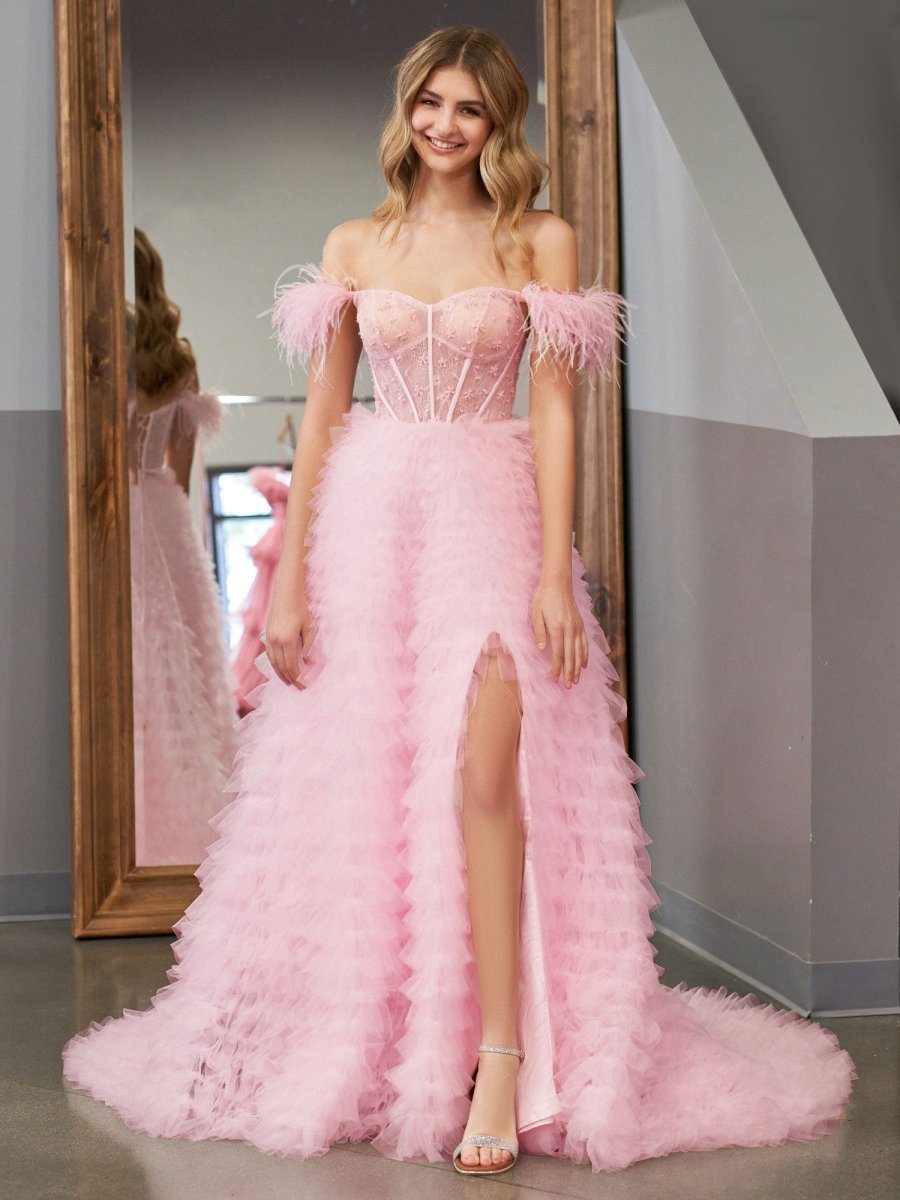 A Line Sweetheart Tiered Tulle Long Prom Dress With Slit