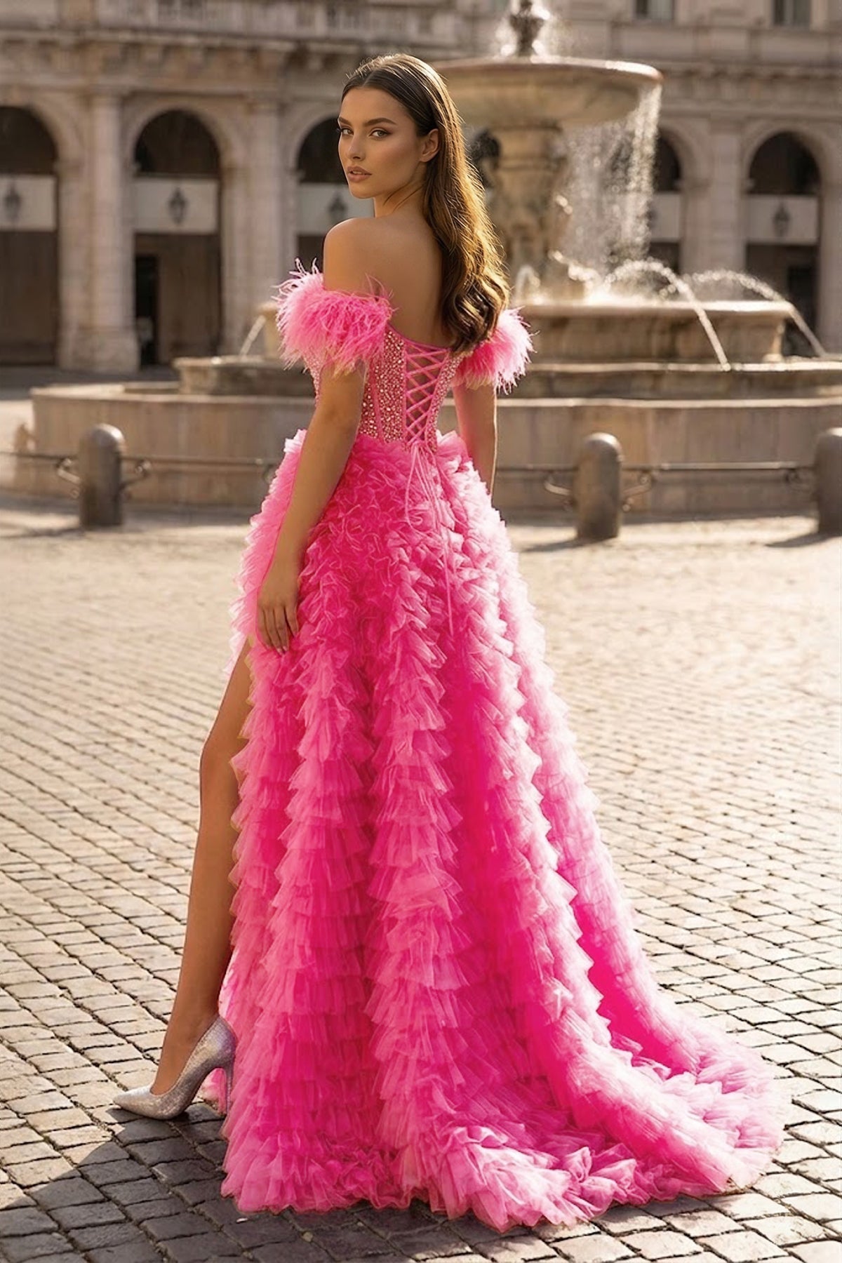A Line Off the Shoulder Tiered Tulle Prom Dress With Slit
