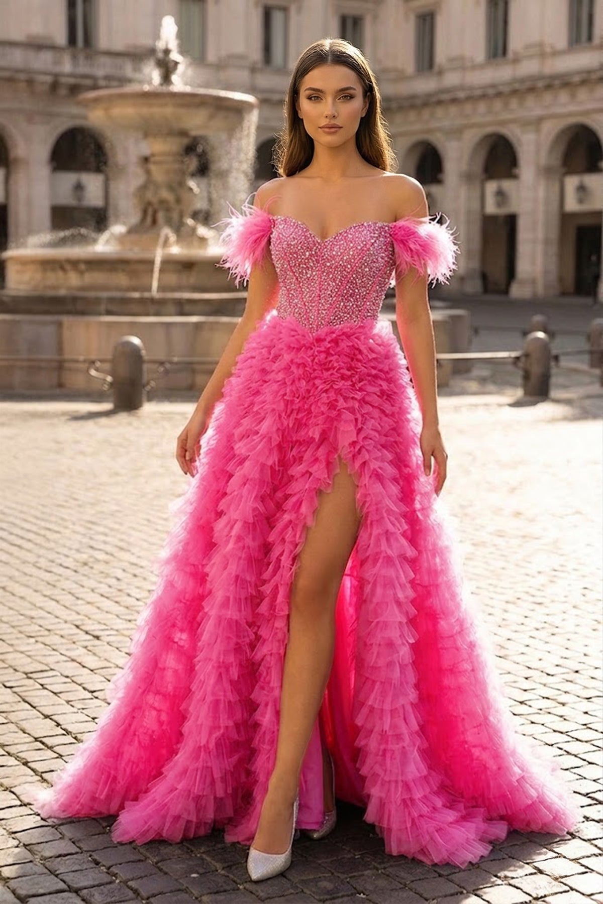 A Line Off the Shoulder Tiered Tulle Prom Dress With Slit