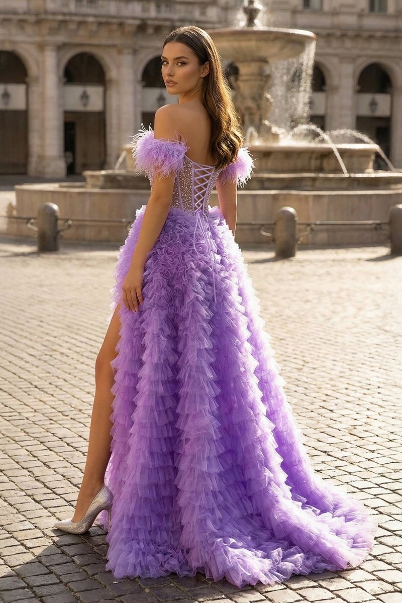 A Line Off the Shoulder Tiered Tulle Prom Dress With Slit