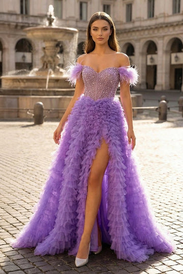 A Line Off the Shoulder Tiered Tulle Prom Dress With Slit