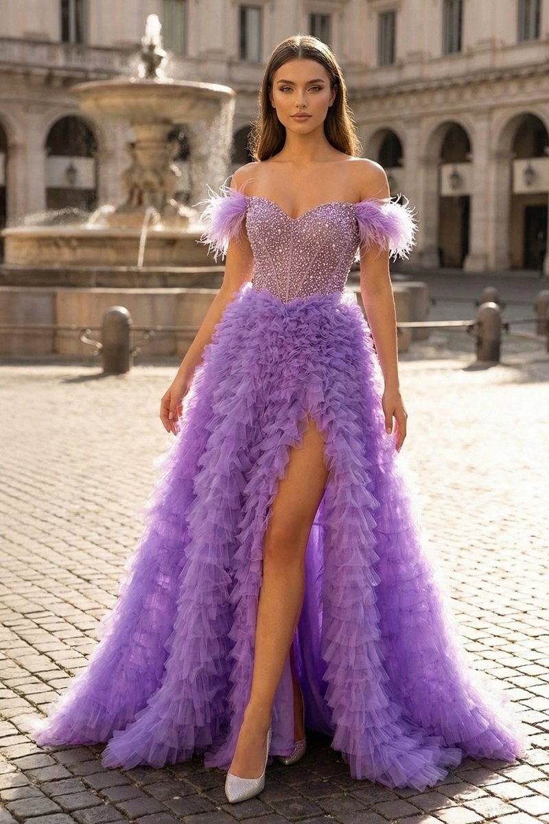A Line Off the Shoulder Tiered Tulle Prom Dress With Slit