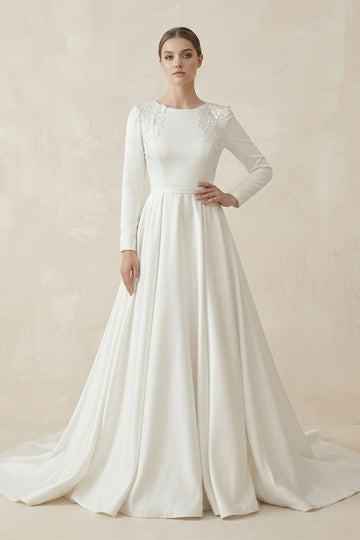 A Line White Long Sleeves Appliqued Wedding Dresses with Train