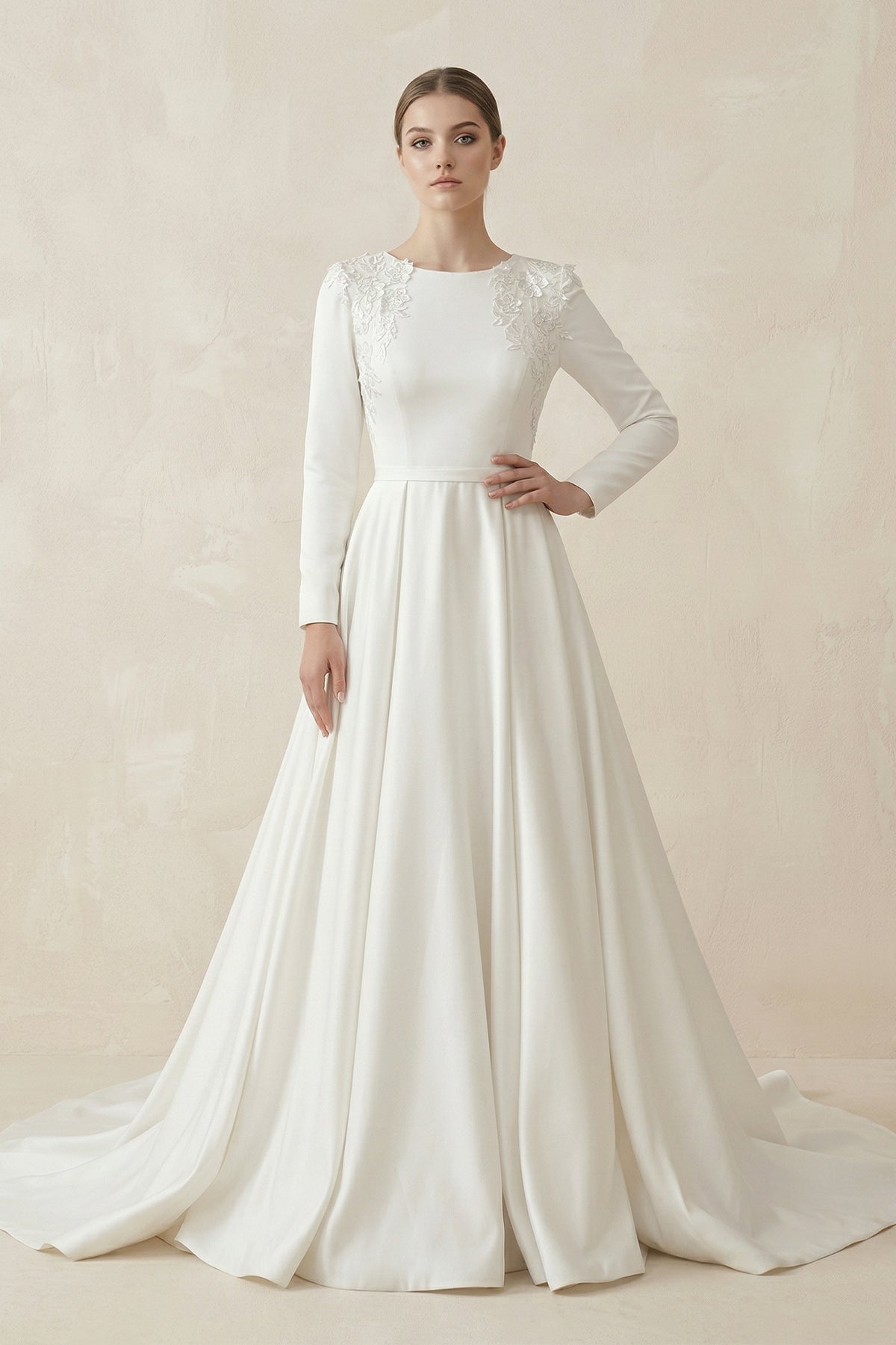 A Line White Long Sleeves Appliqued Wedding Dresses with Train