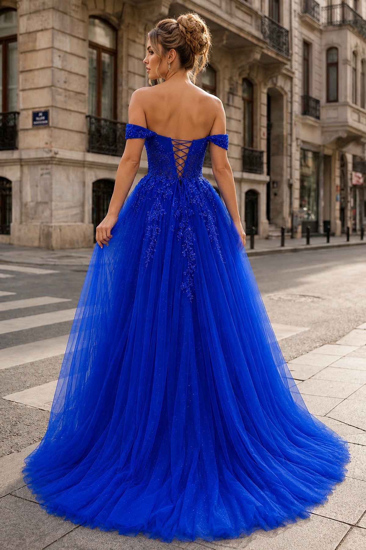 A Line Off the Shoulder Lace Tulle Prom Dress With Slit