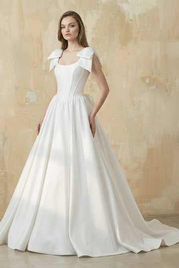 A Line Satin Ball Gown With Bow in White