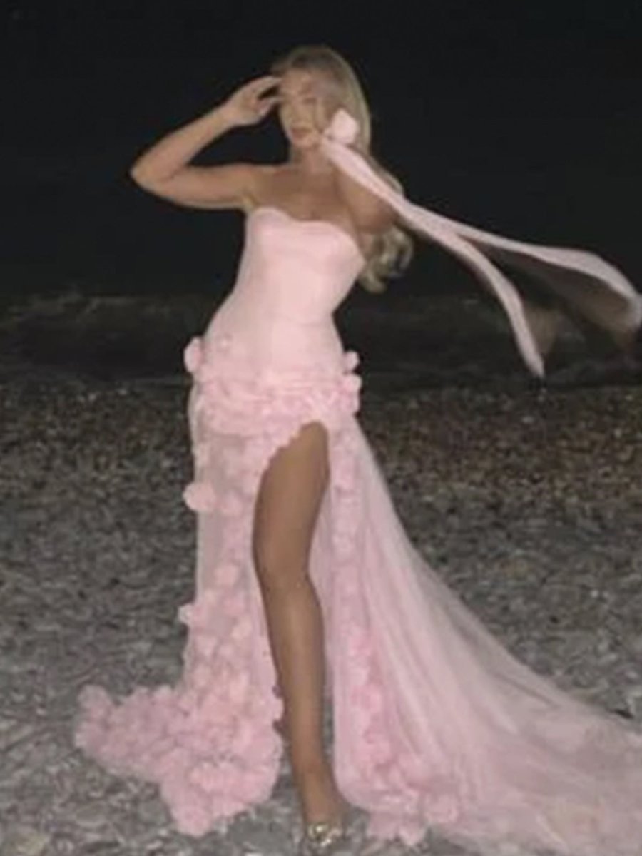 A line Sexy Strapless Sleeveless Pink Slit Flowers Prom Dress