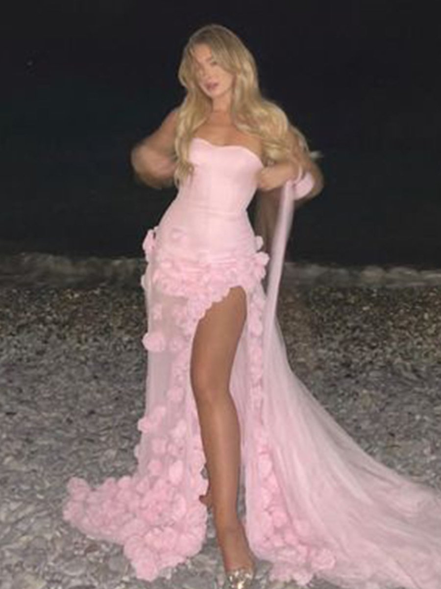 A line Sexy Strapless Sleeveless Pink Slit Flowers Prom Dress