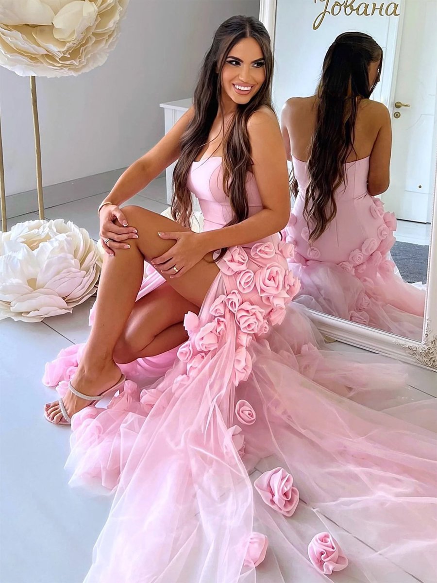 A line Sexy Strapless Sleeveless Pink Slit Flowers Prom Dress