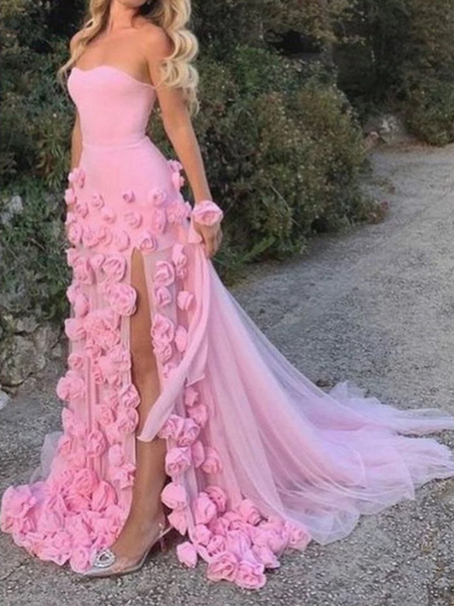 A line Sexy Strapless Sleeveless Pink Slit Flowers Prom Dress
