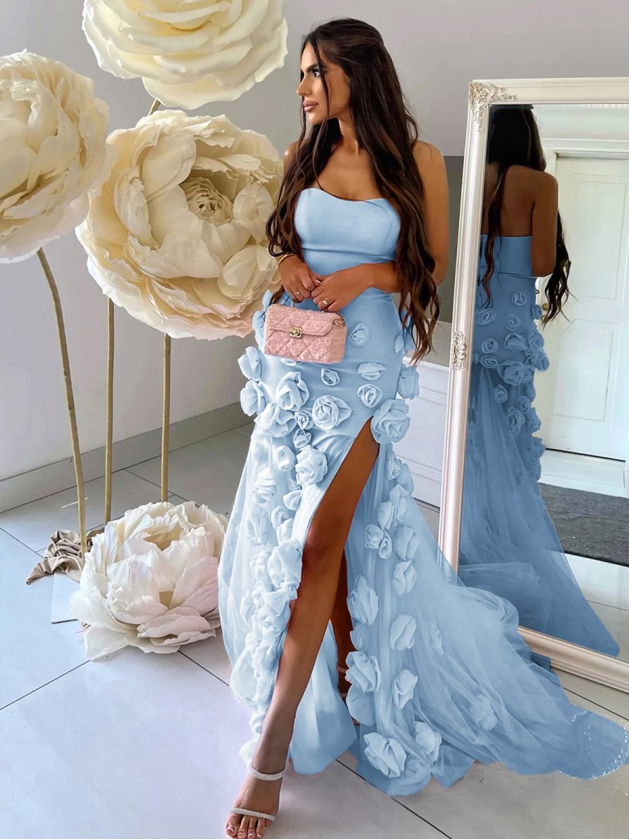 A line Sexy Strapless Sleeveless Pink Slit Flowers Prom Dress