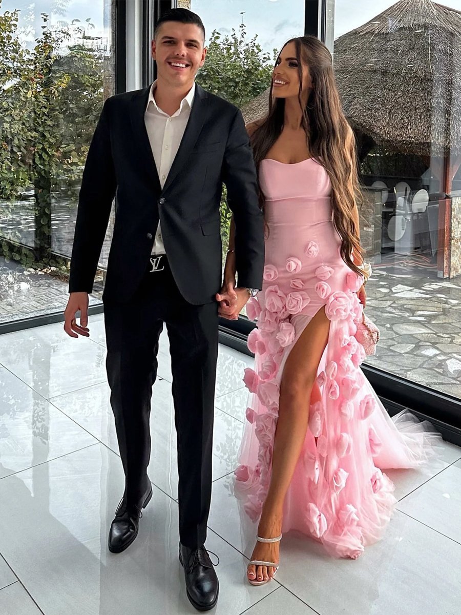 A line Sexy Strapless Sleeveless Pink Slit Flowers Prom Dress