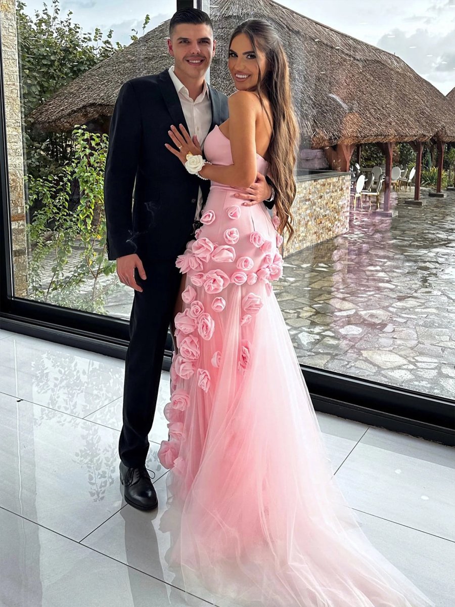 A line Sexy Strapless Sleeveless Pink Slit Flowers Prom Dress