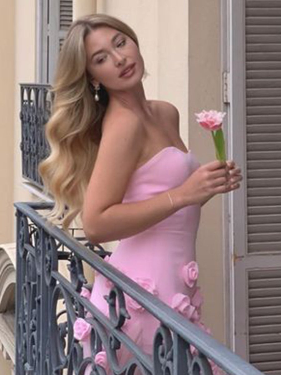 A line Sexy Strapless Sleeveless Pink Slit Flowers Prom Dress
