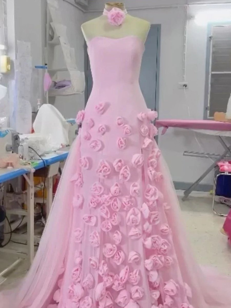 A line Sexy Strapless Sleeveless Pink Slit Flowers Prom Dress