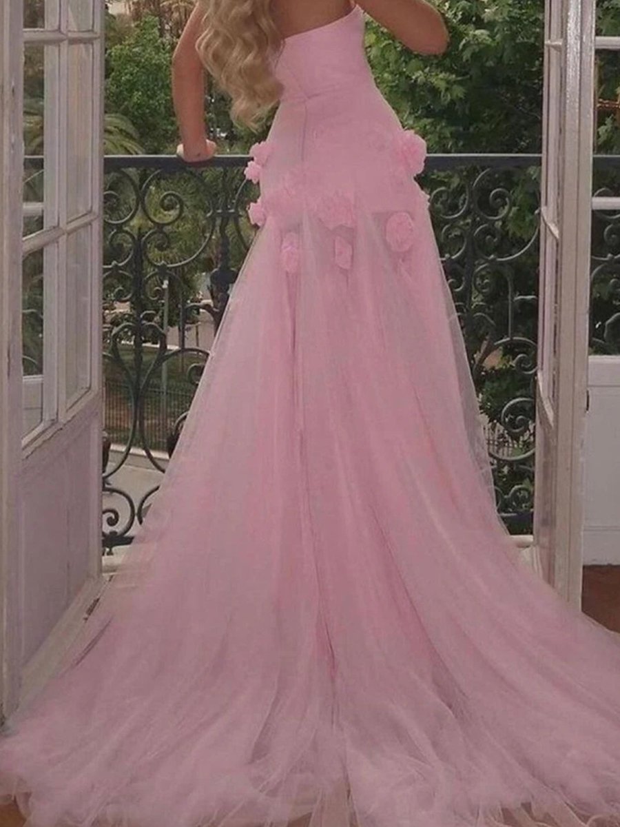 A line Sexy Strapless Sleeveless Pink Slit Flowers Prom Dress