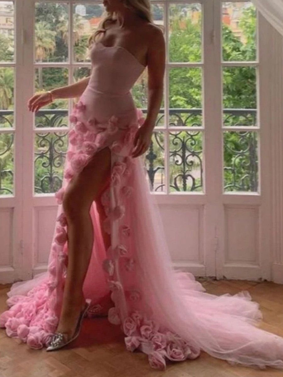 A line Sexy Strapless Sleeveless Pink Slit Flowers Prom Dress