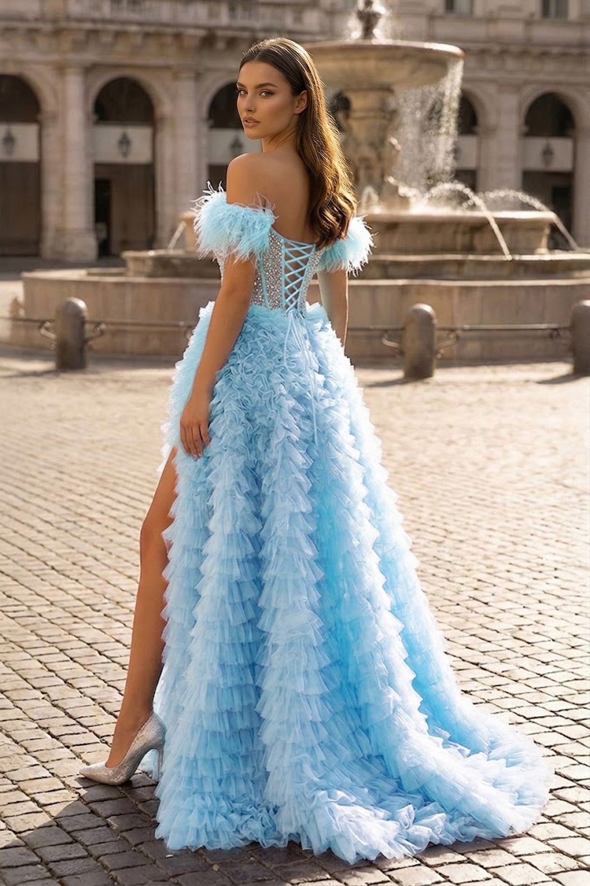 A Line Off the Shoulder Tiered Tulle Prom Dress With Slit